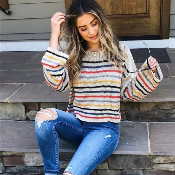 Rainbow Striped Boho Knit Sweater Black Bohemian - Picture 10 of 11